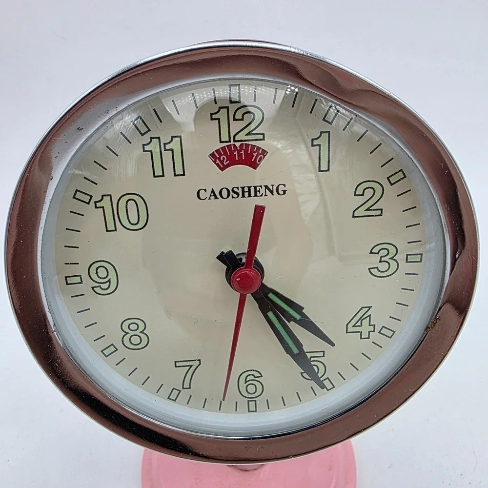 Vintage Retro Caosheng Chrome Pink Desktop Alarm Clock Base Pedestal Working